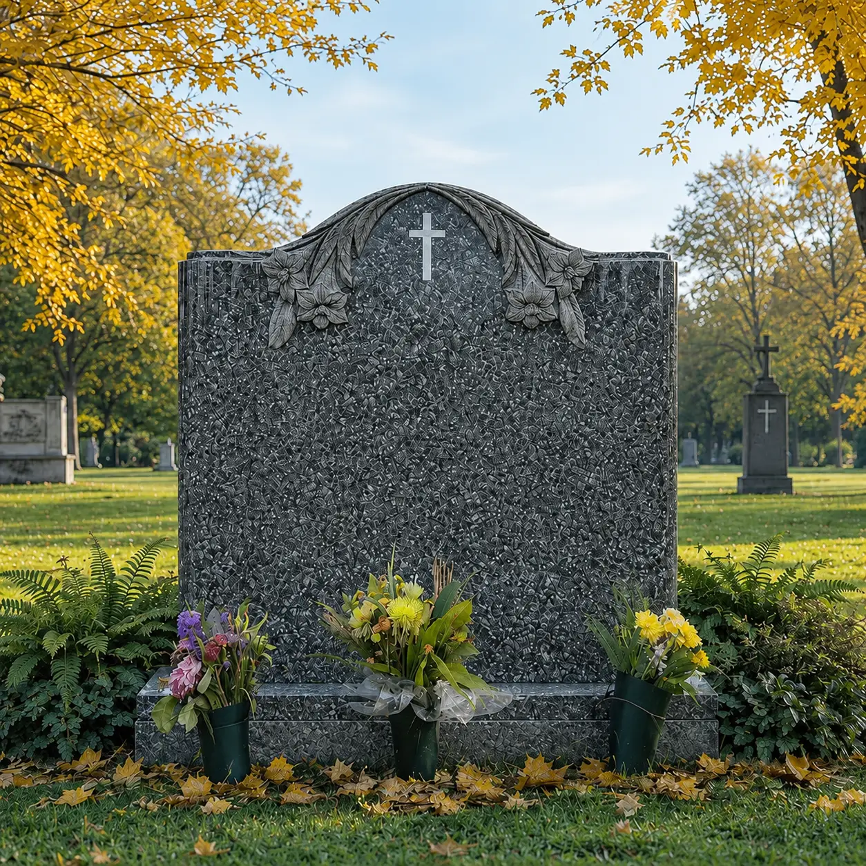 Upright granite headstone in a cemetery serving Toronto and the GTA